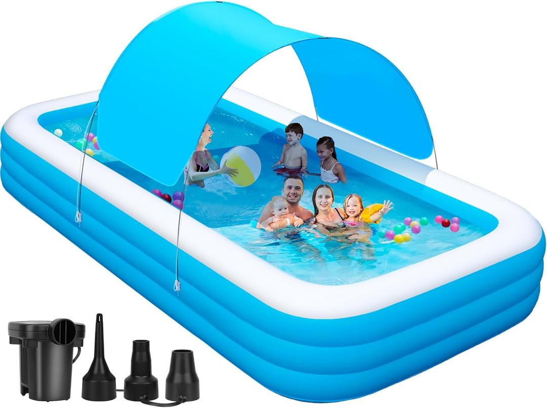 Large Inflatable Pool with Canopy - 145'' x 74'' x 22'' Oversized Thickened Blow Up Pool for Family, Extra Large Swimming Pool with Pump for Backyard, Garden and Outdoor Fun