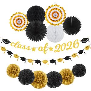 Black Gold Party-Decoration Graduation Banner - 14pcs Kits Cap Garland Streamers, Paper Tissue Pom Poms Flowers Fans Honeycomb,Class Of 2026 College High School Grad Decor Hugfond