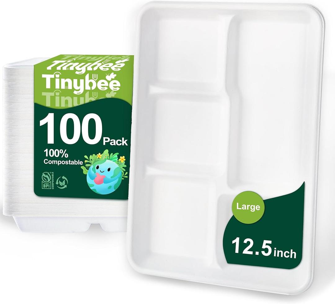 Tinybee 100% Compostable 5 Compartment Paper Plates 12.5 * 8.6 Inch [100-Pack] Large Heavy Duty Divided Disposable Eco-Friendly Bagasse Plates Lunch Trays for Buffet/Party/School (BPI-Certified) White