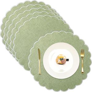 Set of 6 Round Placemats 15 Inch Cotton Scalloped Embroidery Placemat Washable Double Layered Rustic Dinner Table Mat Decor Fabric for Hotel Restaurant Kitchen(Green/White,Classic)