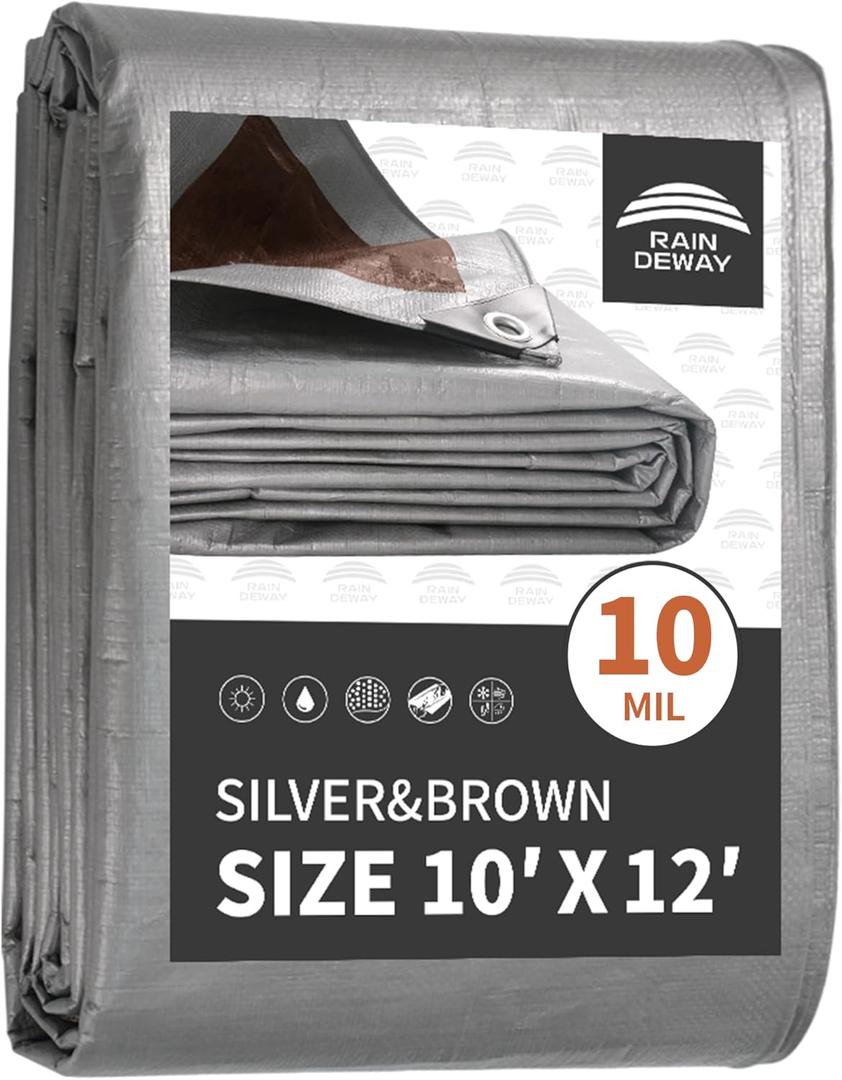 RAINDEWAY Tarps Heavy Duty Waterproof 10x12 Feet,10Mil Thick Multipurpose Poly Tarp Cover with Metal Grommets and Reinforced Edges,Silver/Brown Tarp