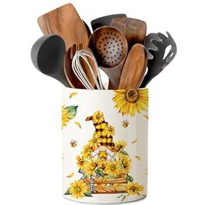 pinata Sunflower Kitchen Decor, Cute Ceramic Utensil Holder, Sunflower Kitchen Utensil Holder for Farmhouse Indoor (6.5inch)