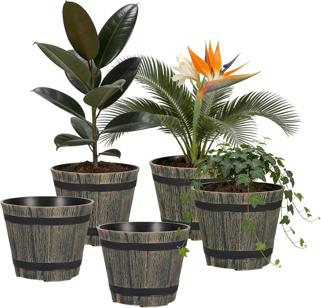 5 Pack 7 Inch Plastic Plant Pots, Whiskey Barrel Planters, Flower Pots for Indoor Outdoor Home Herb Snake Plants, Durable Pots, Set of 5