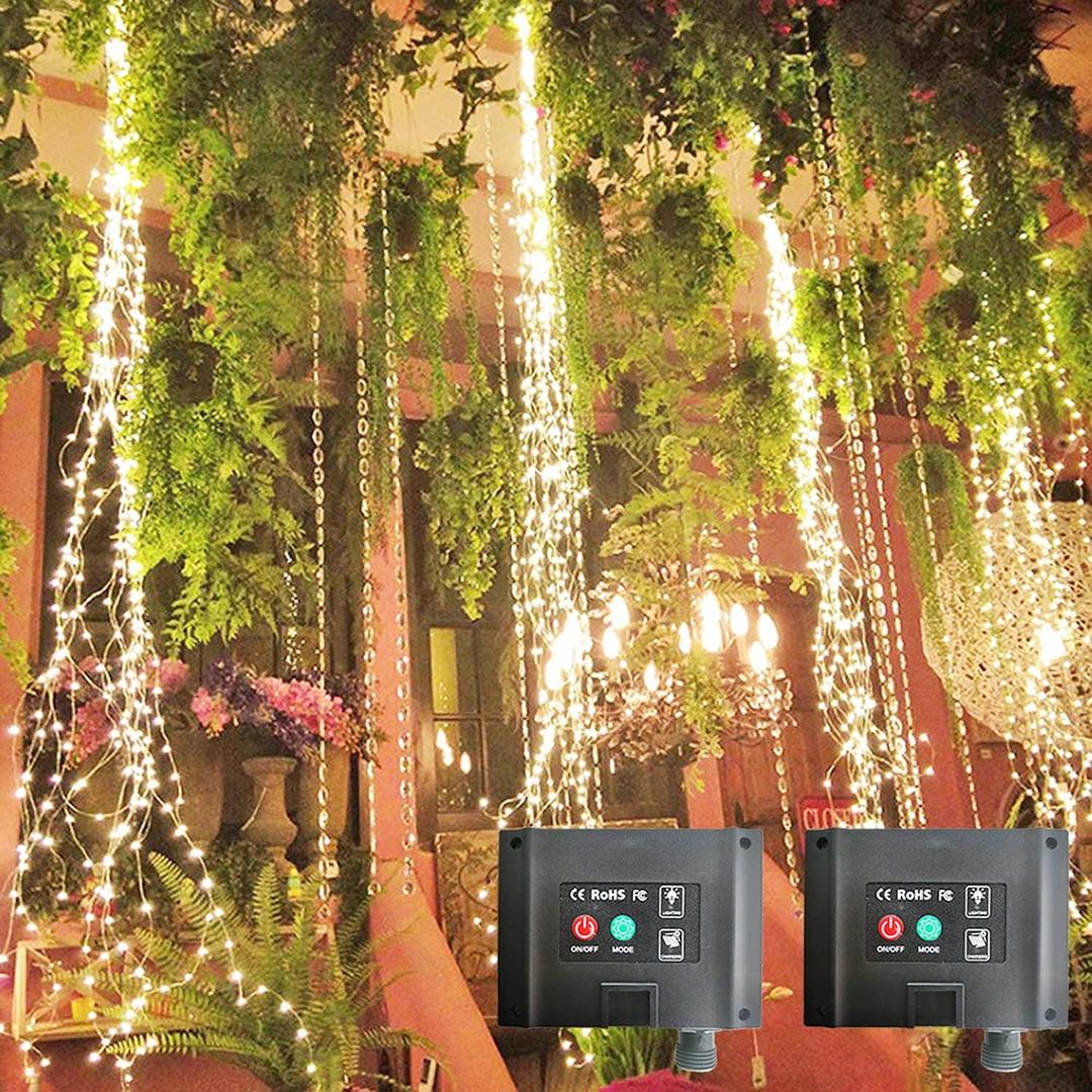 2 Pack 220 LED Firefly Bunch Lights, 8 Flashing Modes Waterproof Copper Wire Waterfall Lights, Fairy Lights for Indoor Outdoor Decor (Solar Warm White)