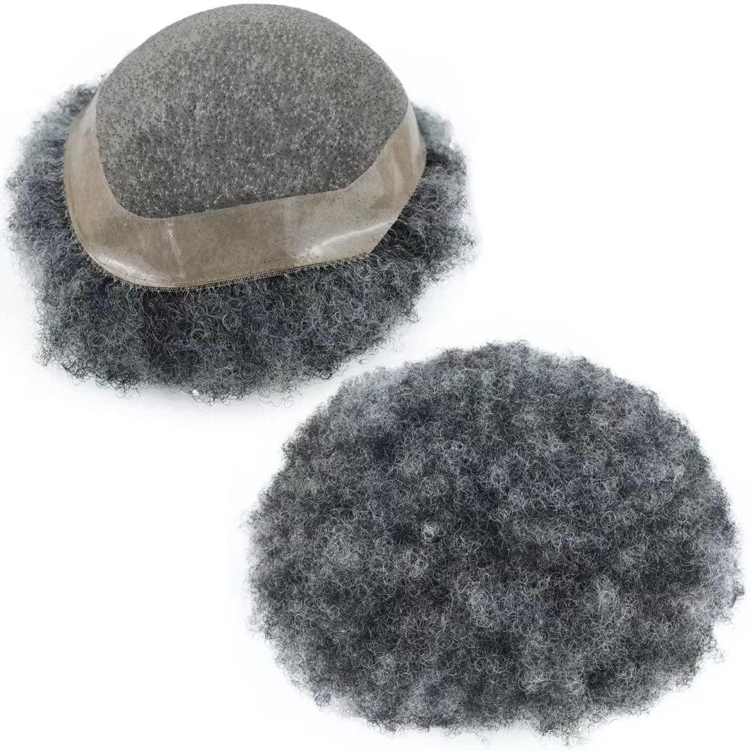 HAPPY&CC Gray Afro Curl Toupee Hair for Men Fine Mono Npu Black Hair Unit Piece with 50% Grey Hair System Replacement African American Toupee Wigs (10x8,1B50)