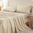 PURE ERA King Sheet Set 100% Washed Cotton Gingham Bed Sheets King Size, 4 Pieces Set Linen Like Textured Breathable Durable Soft Comfy - 15" Deep Pocket - Checked Beige
