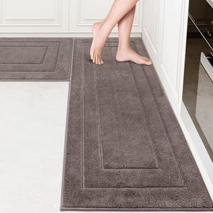 PURRUGS Machine Washable Kitchen Rug Set of 2, Non-Slip/ Skid Kitchen Runner Rugs & Floor Mats, Super Absorbent Soft Standing Mats for Kitchen, Sink & Laundry, Grayish Brown