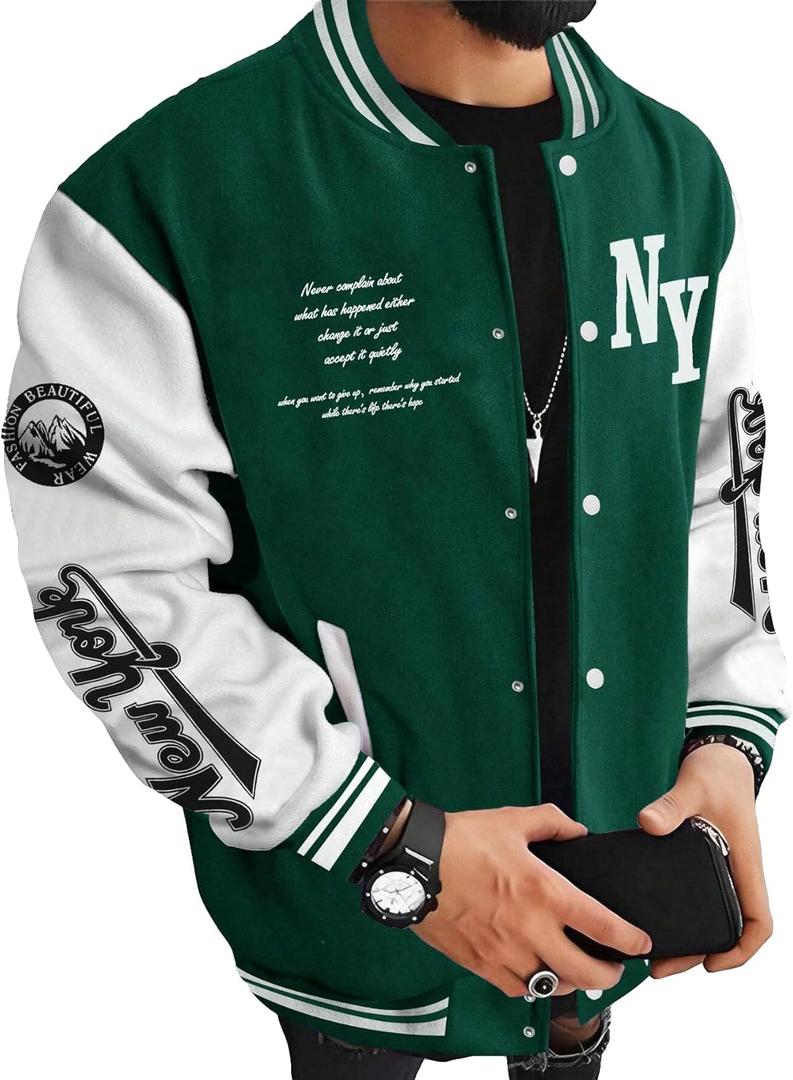 SOLY HUX Men's Varsity Jacket Color Block Letter Graphic Long Sleeve Baseball Jacket Bomber Coat (Large)