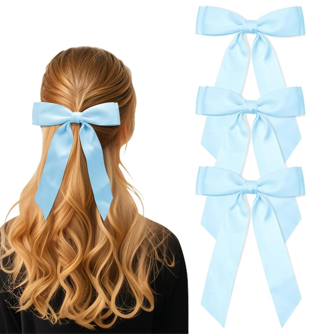 3Pcs Light Blue Hair Bows for Women Double-Layer Long Tail Bow Hair Clip Hair Ribbon Ponytail Holder Hair Accessories for Girls Toddlers