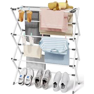 Sakugi Foldable Clothes Drying Rack Metal Laundry Drying Rack with Non-Slip Feet, 3-Tier Space-Saving Clothing Rack for Organization, Indoor & Outdoor Use, 11.4"D x 29.1"W x 37.4"H, White and Black