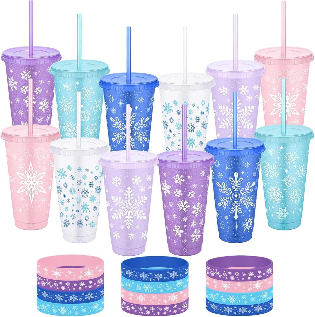 Kochorie 24 Pieces Snowflake Party Favors Cups Set 24 Oz 12 Frozen Themed Cups with Lids & Straws 12 Silicone Bracelets Reusable Plastic Tumblers for Winter Theme Holiday Birthday Party Supplies
