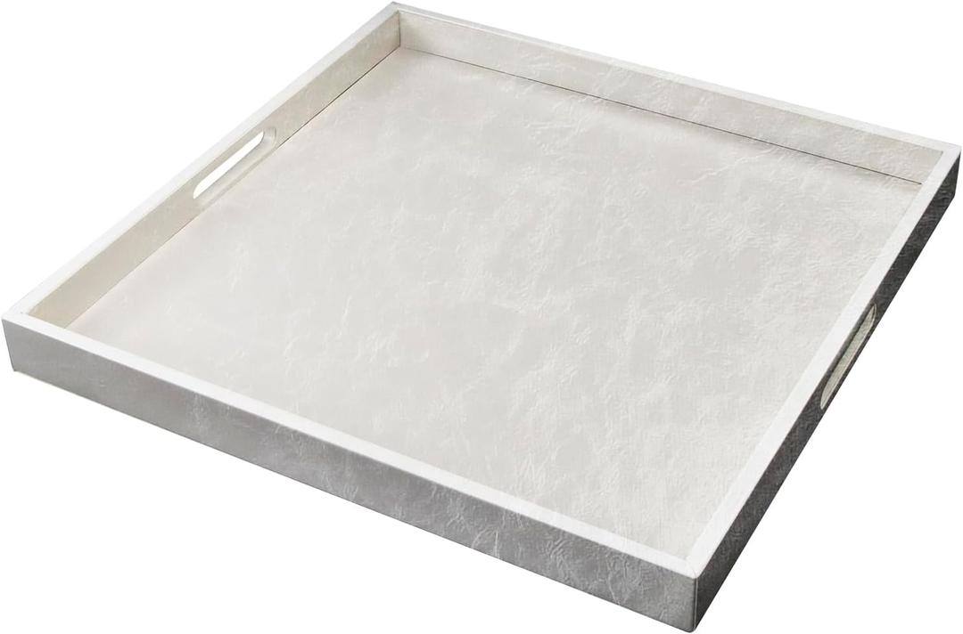 35 * 35 inches Leather Rectangle Serving Tray with Hole Handles,High-End Light Large Service Tray for Ottoman Tray, Tea, Food, Butler - Countertop, Kitchen,Family Dinner, Picnic(White)