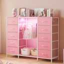 LUMTOK 2-in-1 Dresser with Hanging Rack, 10 Drawers Dresser for Bedroom,Dressers with Fabric Drawers,LED Lights, Charging Station and Hanging Racks for Bedroom (Pink)