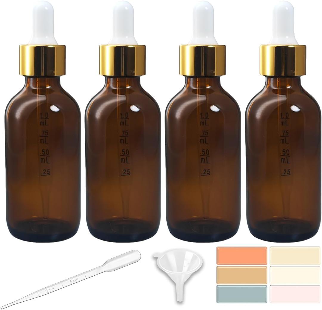 Zkupanx 4 Pack Amber Glass Dropper Bottles 2 oz, 60 ml Glass Bottles with Measured Dropper for Essential Oils, Liquids - Tincture Bottles, Leakproof Travel Small Bottle