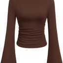 PRETTYGARDEN Womens Long Sleeve Shirts 2026 Spring Crop Going Out Tops Casual Boat Neck Bell Sleeve Ribbed Ruched Y2K Clothes (Brown, M)
