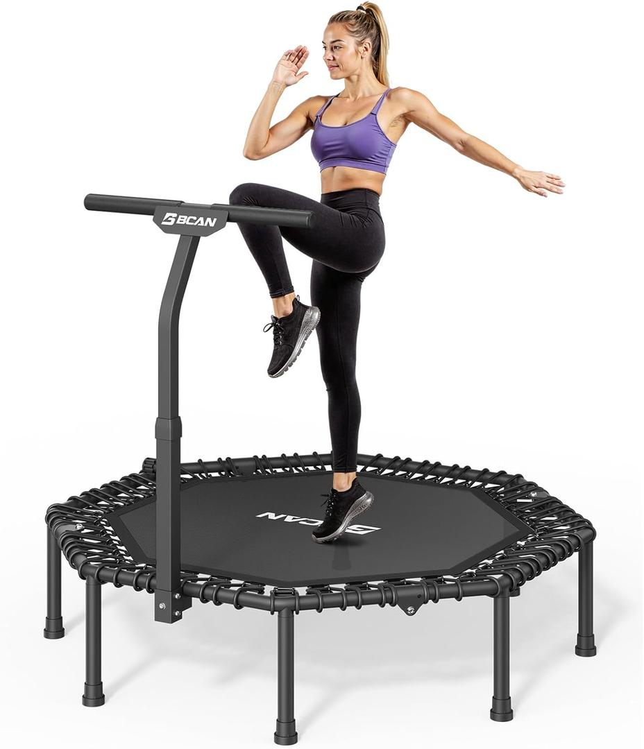 BCAN 51" Octagonal Mini Trampoline, Max Load 450 LBS Fitness Trampoline with T-Adjustable Handle Bar, Silent Bungees, Larger, More Stable, Quieter Exercise Rebounder for Adults Indoor/Garden Workout (Black)