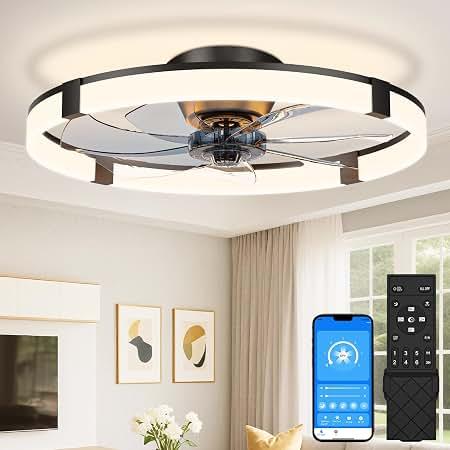 VOLISUN Low Profile Ceiling Fans with Lights and Remote, 23.6in Flush Mount Ceiling Fans with Light, 3000K-6500K Dimmable Fandelier LED Fan Light, Black Bladeless Ceiling Fans with Lights for Bedroom
