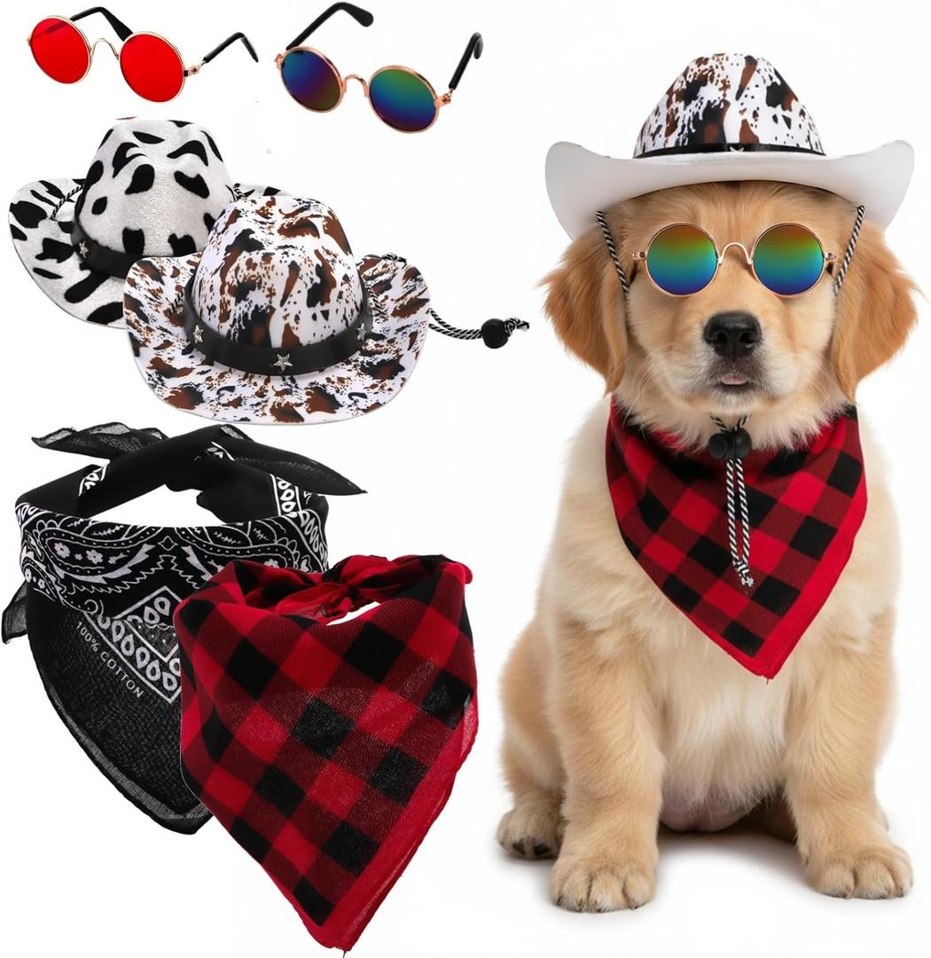 Eorbow 6 Pack Dog Cowboy Costume, Pet Cow Boy Hat for Halloween, 2 Adjustable Cat Cow Boy Hats with 2 Pcs Bandana Scarfs & 2 Sunglasses, West Cowboy Cosplay Party Accessories for Small Dog Cat
