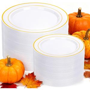 I00000 200 Pcs Gold Plastic Plates - Disposable Party Plates Include 100 Dinner Plate and 100 Elegant Dessert Plate Perfect for Party, Holiday, Wedding & Birthday