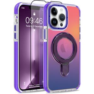 MOWIME Magnetic for iPhone 13 Pro Max Case with Stand [Compatible with Magsafe] [Fashion Fluorescent Design] [1 Screen Protector] Slim Translucent Matte Case for iPhone 13 Pro Max 6.7" 2021, Purple