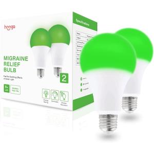 Hooga Migraine Relief Green LED Light Bulb, Light Therapy Bulb, 520nm Narrow Band, 8W, E26 Base. Dimmable. Relieves Migraine Pain, Nausea, Anxiety, Insomnia. May Help Fibromyalgia Pain (2 Pack)