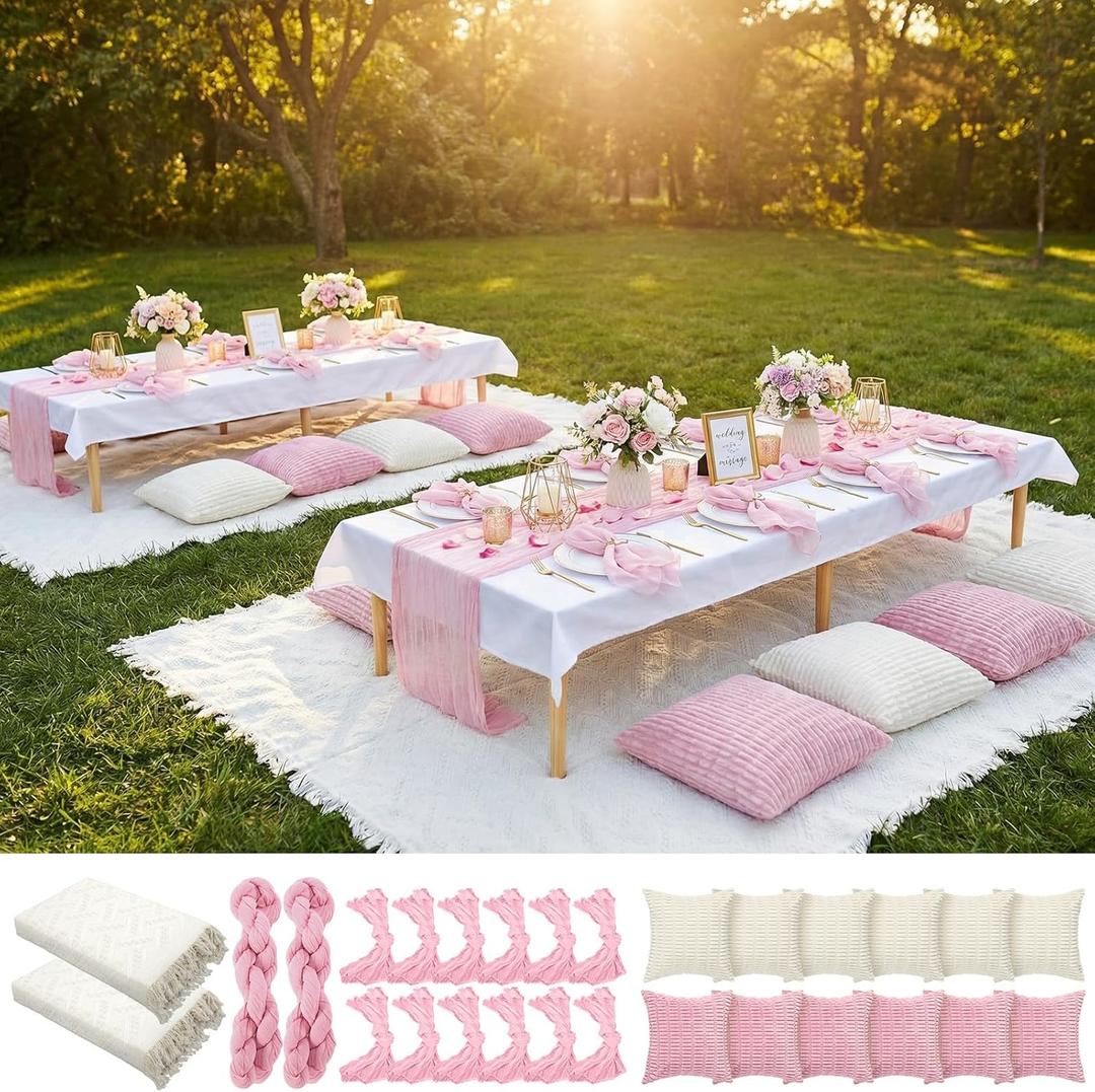 Beeveer 91 x 71 Extra Large Outdoor Boho Picnic Blanket with Pink Table Runner, 12 Throw Pillow Covers 12 Napkins Woven Cotton Yarn Oversize Beach Blanket Washable Picnic Camp Wedding