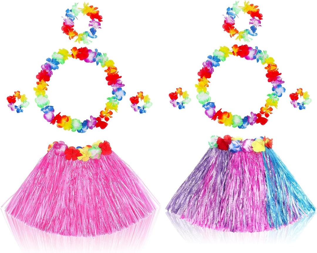 Fortuning's JDS 3 Sets Girl's Elastic Hawaiian Hula Dance Grass Skirt with Flower Costume Set for Luau Tropical Beach Party (Pink Purple Blue + Pink)