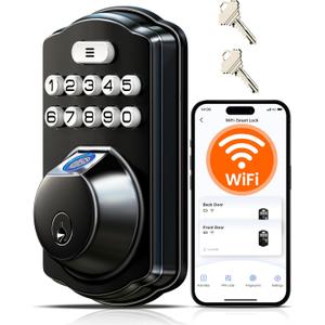 Veise VE012W Built-in WiFi Fingerprint Smart Lock, App Remote Control, Compatible with Alexa & Google Assistant, Keyless Entry for Front Door, Digital Keypad Deadbolt, Auto Lock, Matte Black