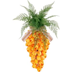 24" Pre-lit Tulip Carrot Easter Wreath for Front Door Spring Carrot Swag with Battery Operated Lights & Burlap Bow Farmhouse Spring Wreath for Porch Wall Artificial Flower Welcome Hanging Sign
