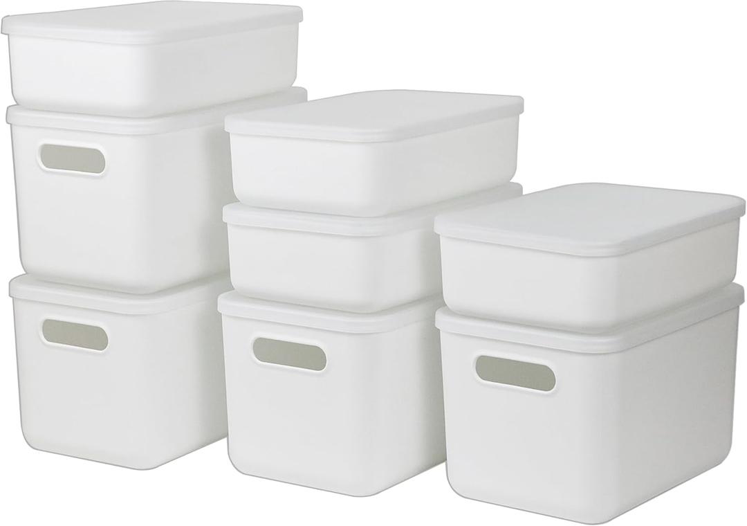 8 Pcs Storage Bins with Lids, Stackable Plastic Storage Containers for Organizing, Organizer Bins Shelf Baskets for Pantry Cabinet Shelves Desktop Freezer Drawer Organization (White, 4M+4S)