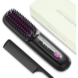 Hair Straightener Brush,Ceramic Ionic Anti-Frizz Hair Brush, | 30 Second Quick Heat Up, Adjustable Temperature, Travel Portable Styling Tool for All Hair Types（Midnight Black）