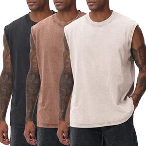 Mens Workout Tank Tops Sleeveless Tee Shirts Men Muscle Shirt Gym Acid Wash T Shirts Running Beach Loose Fit Tee (M)