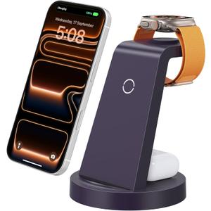 Anlmz 3 in 1 Charging Station for iPhone - Wireless Charger for Apple Products Multiple Devices - Charging Dock Stand for AirPods (for iPhone 17 16e 16 15 14 13 pro 12 11 X Max) (Purple)