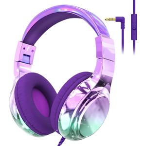 QearFun Kids Headphones Wired with Mic, 85/94dB Safe Volume Limit, Foldable Over Ear, Tangle-Free Cord & Sharing Port, Wired On-Ear Headset for School, Chromebook, Tablet, Travel - Boys & Girls (Deep purple)