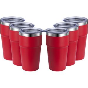 MEWAY 16oz Tumbler Double Wall Vacuum Insulated Travel Mug Bulk, Stainless Steel Tumblers with Lid, Powder Coated Coffee Cups for Cold & Hot Drinks (Red,6 Pack)