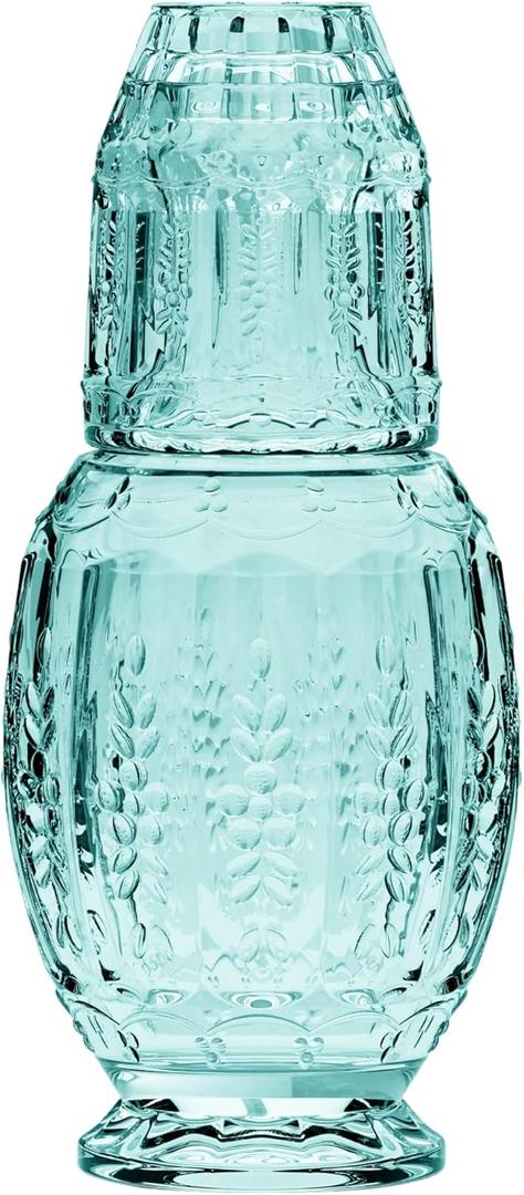 Elle Decor Vintage Bedside Water Carafe with Tumbler Glass  Elegant Pitcher and Matching Drinking Cup Doubles As Lid (Green)