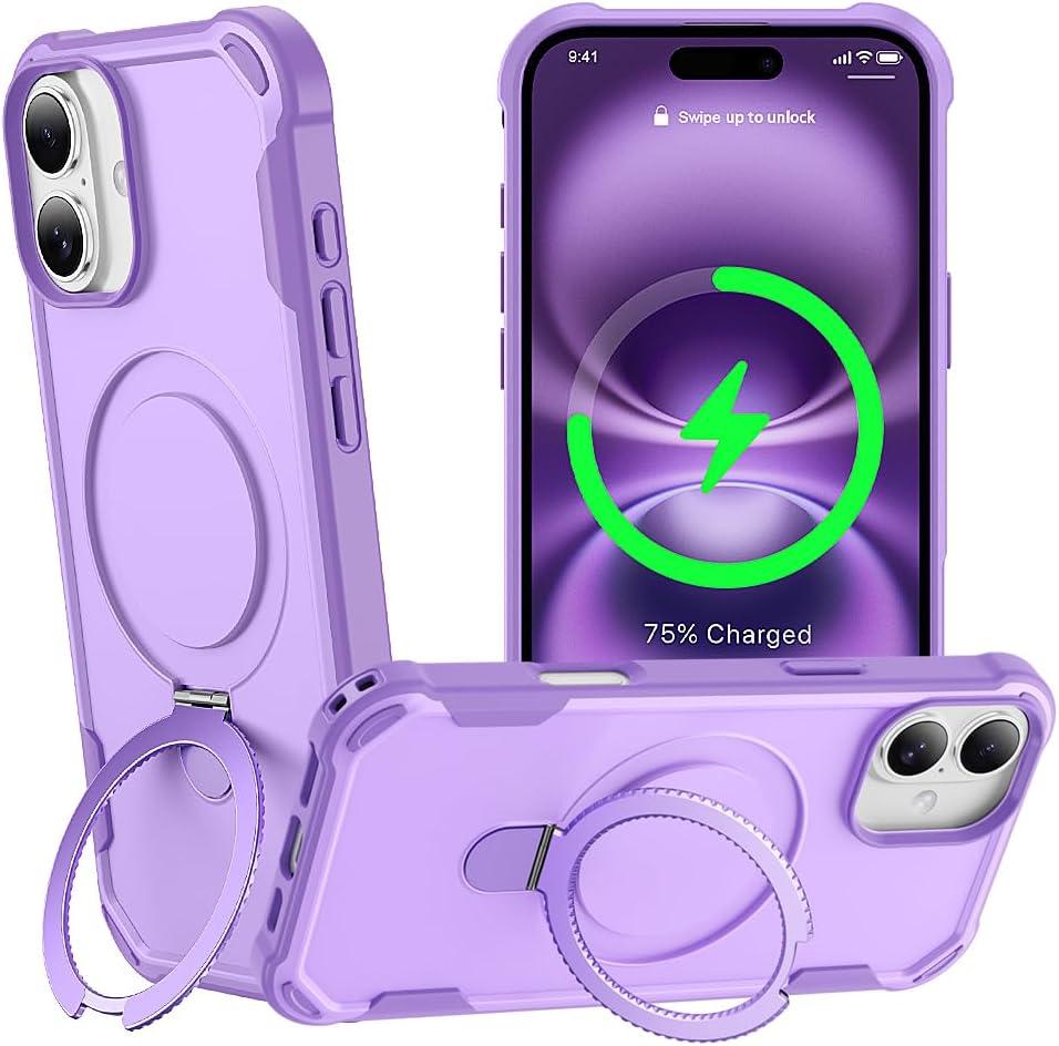 Designed for iPhone 16 Case with Magnetic Stand [Military Drop Protection][Compatible with Magnet] Shockproof 16 Phone Case with Ring Holder, Purple