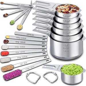 EWFEN Measuring Cups and Spoons Set, 7 Stainless Steel Nesting Measuring Cups & 7 Spoons, 5 Mini Measuring Spoons &1 Leveler, Kitchen Gadgets for Cooking & Baking, Square