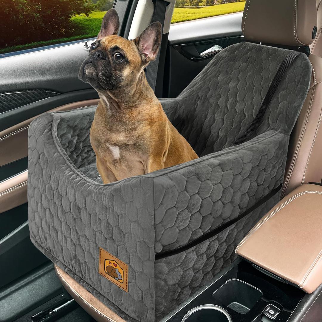 Dog Car Seat for= Dogs, Memory Foam Dog Booster Seat, Travel Safety Per Car Seat with Washable Removable Cover, Storage Pockets for Dogs up to 35 lbs(Gray)