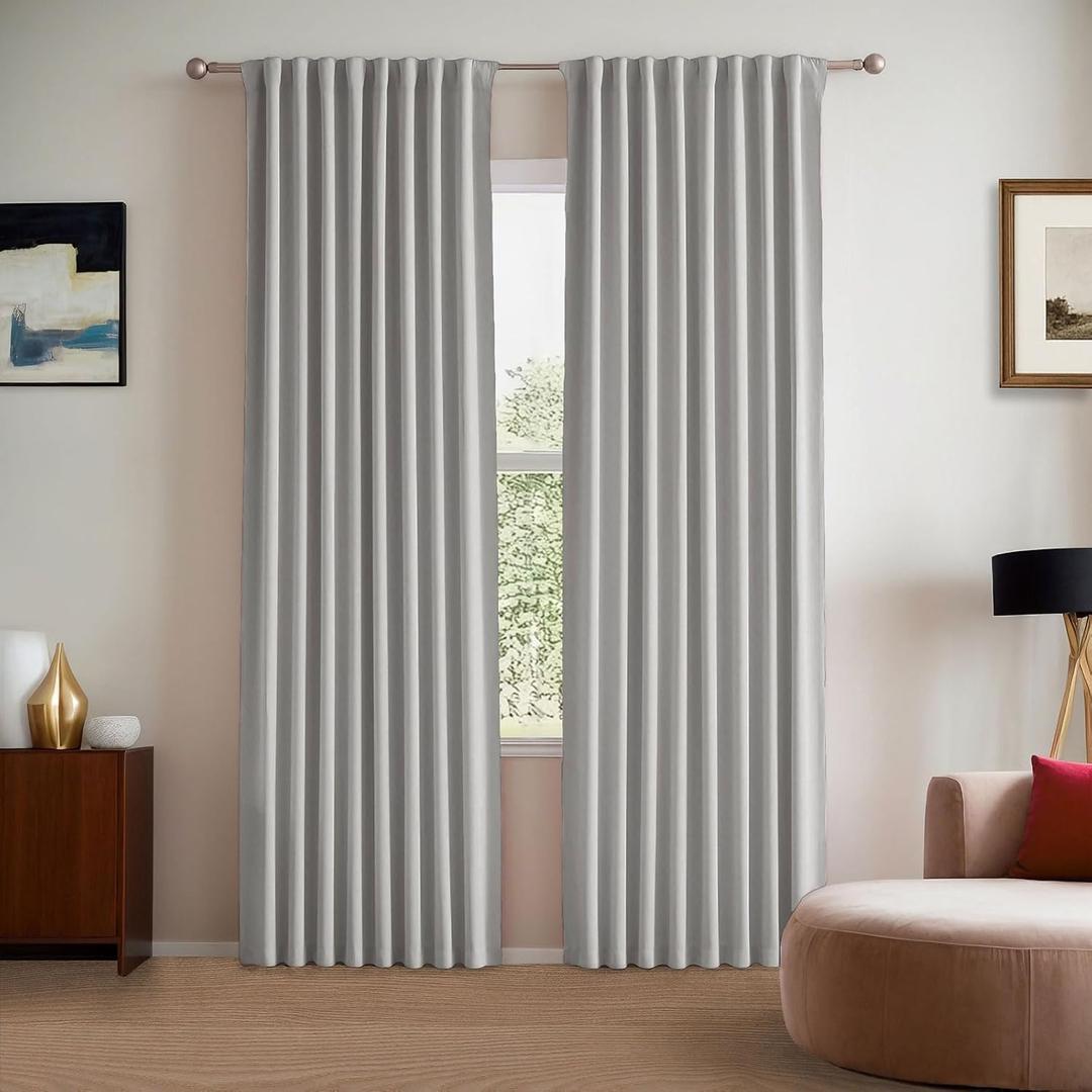 Blackout Curtains for Living Room, 72 Inches Long 2 Panels Set, Back Tab and Rod Pocket Sun Blocking Curtains for Bedroom, Privacy Curtain with Hook for Track System (Grey)