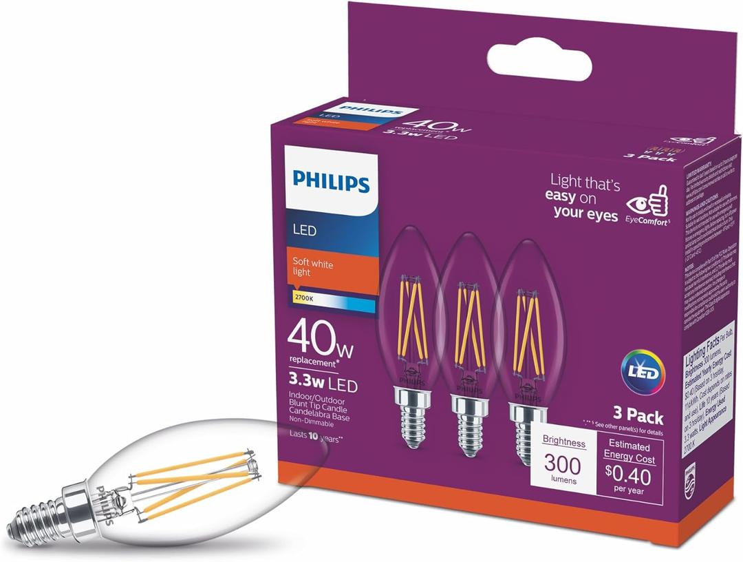 Philips LED Clear Non-Dimmable B11 Light Bulb - EyeComfort Flicker Free - 3.3W = 40W, 300 Lumen - Soft White (2700K) - E12 Base - Indoor - Pack of 3