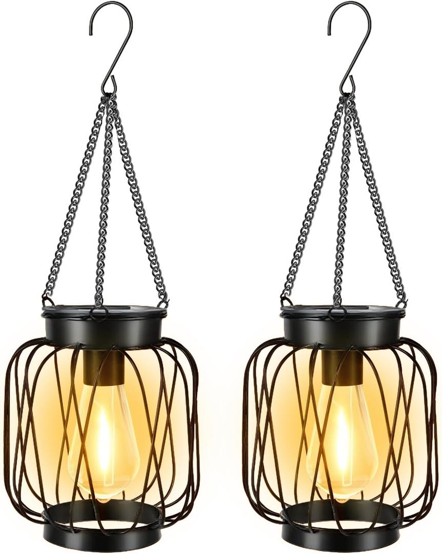 Solar Lanterns Outdoor 2 Pack, Metal Solar Hanging Lanterns with Hook - Outdoor Hanging Lantern Lights Waterproof, Bright Warm Lantern Decor for Outside Garden Yard Patio Pathway