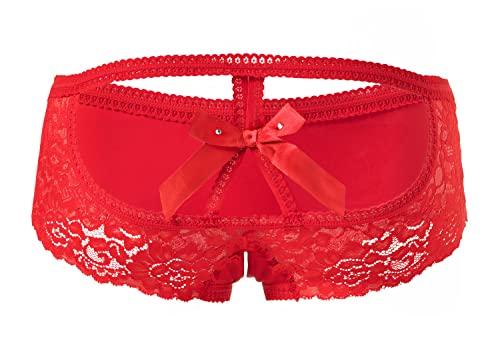 PERAMBRY Women's Lace Stretch Sexy Thong Bikini Panties Bow Tie Breathable Fashionable (Red-0200, X-Large) 3pcs