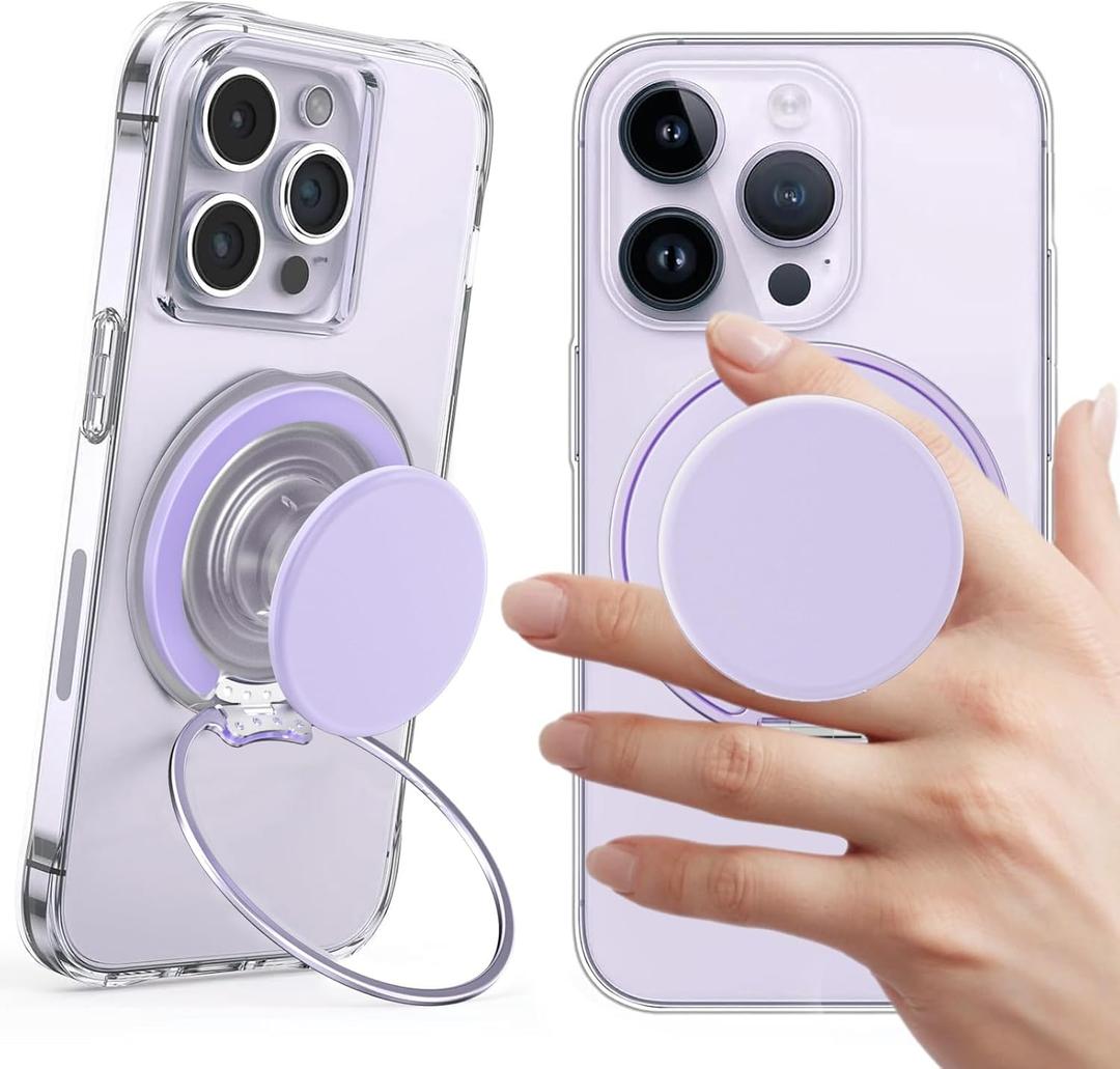 AUROX for MagSafe Phone Grip, Magnetic Phone Grips [Comfortable Grip], Expandable Collapsible Phone Grip Stand Holder for Magsafe Kickstand, for iPhone 16 15 14 13 12 Series, Transparent Purple