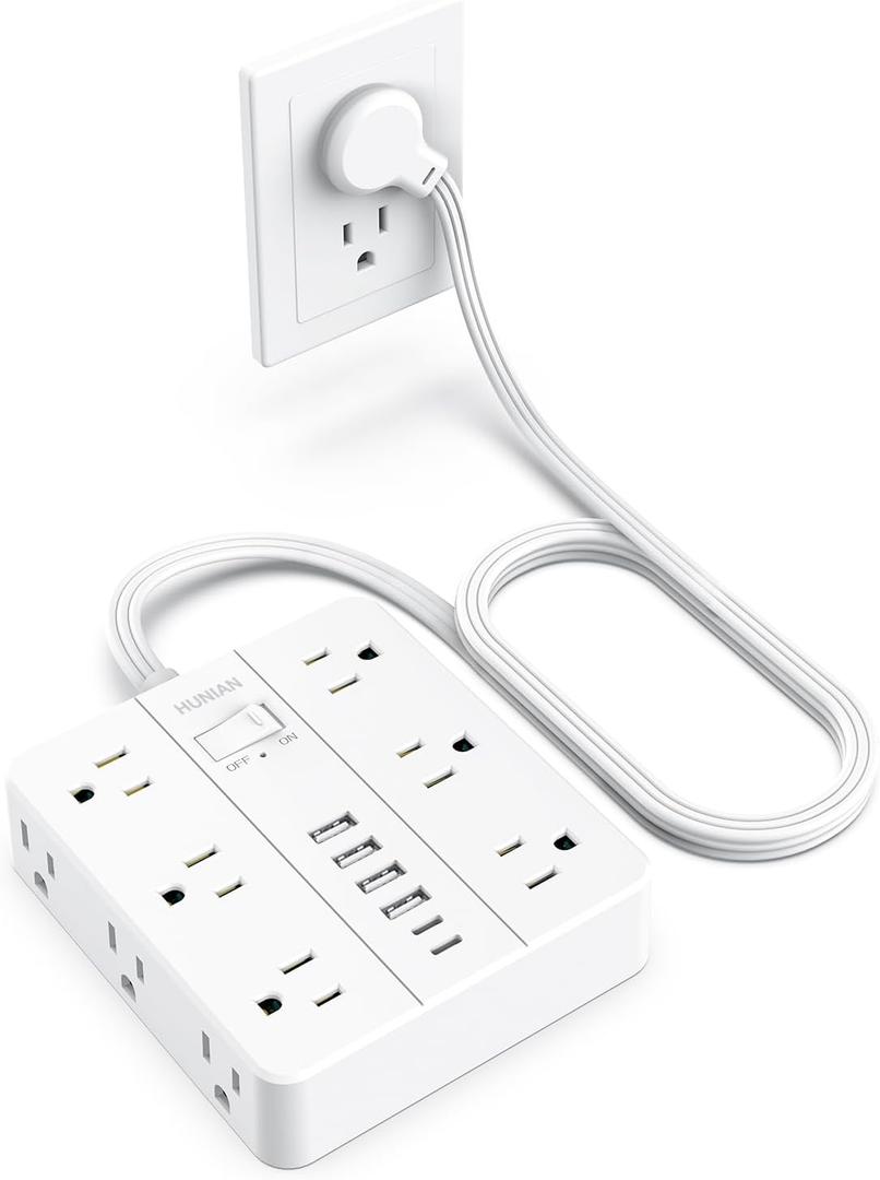 Power Strip with USB Ports, HUNIAN 5Ft Flat Plug Extension Cord Surge Protector, 12 Widely Outlet Extender with 6 USB Charger (2 USB C Ports), Desk Charging Station for Home, Office Supplies (White)