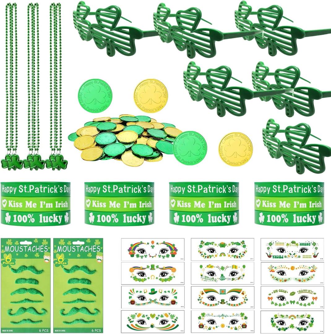 108PCS St. Patricks Day Party Favor Set, Shamrock Glasses Necklaces Bracelets Mustaches Coins Face Tattoos, Green Irish Accessories for St. Patrick's Day Decorations Supplies
