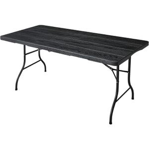 6ft Folding Table, Portable Heavy Duty Plastic Fold-in-Half Utility Table for Indoor/Outdoor Use, Dining, Camping, Picnic, Party, Black Woodgrain