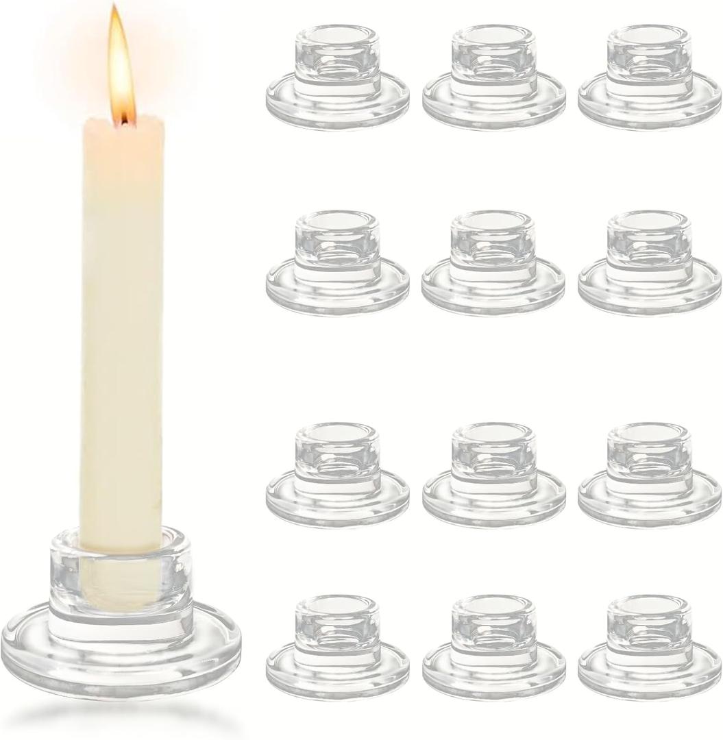 12Pcs Glass Tapered Candlestick Holders Bulk - Small Clear Short Candle Holders, Modern Design for Table Centerpiece, Wedding, Christmas, Advent, Dining & Party Home Decor