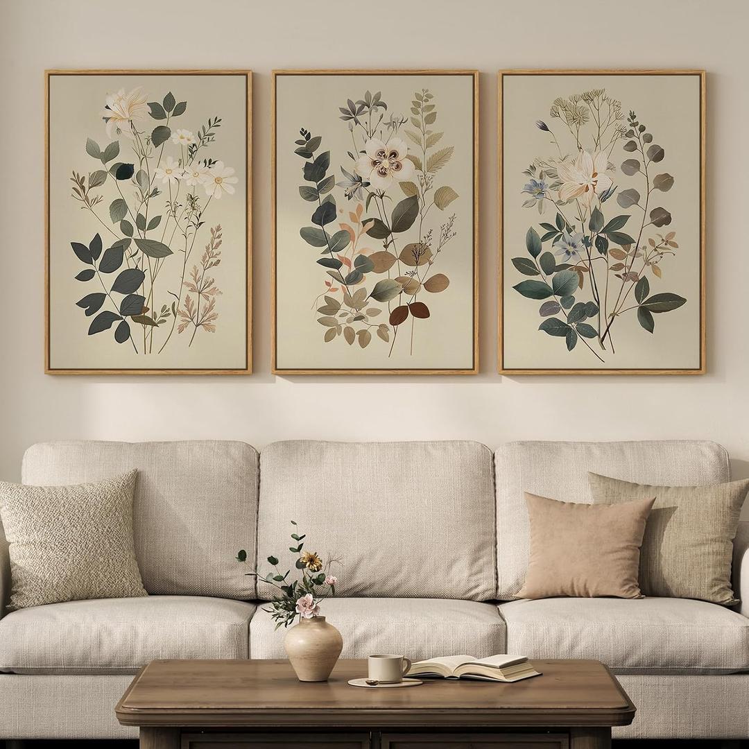 Framed Vintage Botanical Wall Art for Living Room, 3 Piece Neutral Floral Canvas Artwork for Modern Farmhouse Walls, Rustic Green Flower Painting Prints for Bedroom Office Kitchen Wall Decor, 20x30, 20" W x 30" H x 3Pcs