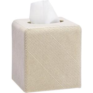 Twill Texture Tissue Box Cover Square, Resin Facial Tissue Holder Covers Square Cube Tissue Box Holder with Open Bottom for Bathroom Vanity Tops, Bedroom Dressers, Kitchen Countertop, Travertine Beige